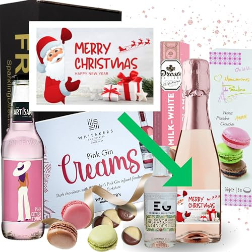 Christmas Pink Gin Gift Set For Women - Mini Bottle of Prosecco Rose which has a Unique Xmas Themed Bottle Label - Christmas Gin & Tonic Hamper For Women - Christmas Presents For Best Friends & Family