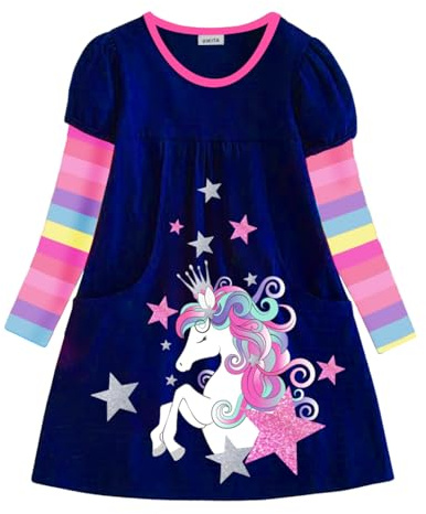 VIKITA Vestito Ricamo Floreale Manica Lunga Casuale Cotone Bambina