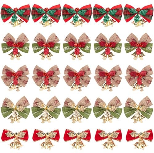 Johiux 25 Pcs Christmas Bows for Tree Decoration,Wreath Making Supplies Bows,Xmas Small Bow with Bell for Gift Wrapping Christmas Craft Supplies Wrapping Accessories 5x4cm. (25)