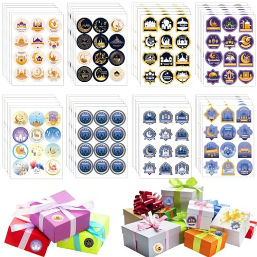 Eid Mubarak Aufkleber, 576 pcs Ramadan Sticker, Ramadan Aufkleber, Party Dekoration Aufkleber, Muslim Selbstklebende Siegelaufkleber für Geschenkverpackung Runde Süßigkeiten Aufkleber Party Supplies