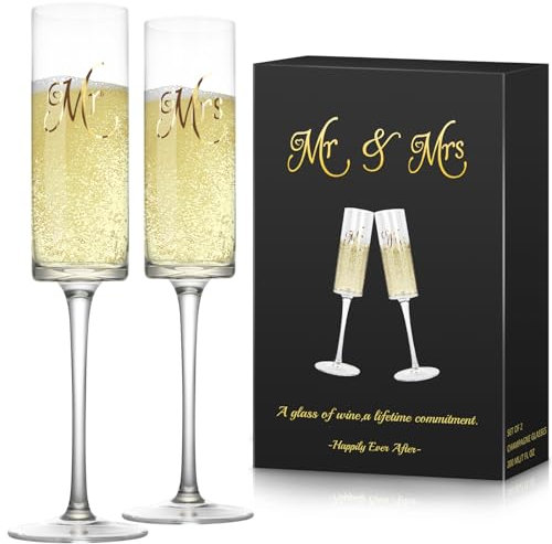 HYEIOL Sektgläsern mit der Gravur Mr. und Mrs,2-er Set Sektgläser zur Hochzeit,200ml Champagner Gläser Personalisiert zur Hochzeit, zum Jahrestag oder zur Verlobung in Geschenkbox