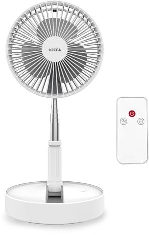 Jocca - Ventilador portátil de pie plegable | Altura ajustable 36-97,5 cm | Batería recargable 7200 mAh hasta 24 h | 3 velocidades | Mando a distancia | USB | Silencioso