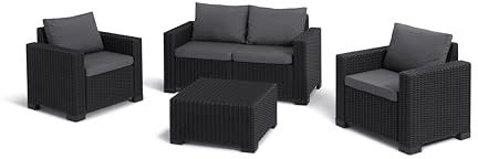 Keter California 4 seater 83% recycled Outdoor Garden Furniture Lounge set - Graphite with Grey Cushions Fade Free | All Weather Resistant | Easy Clean | Zero Maintenance