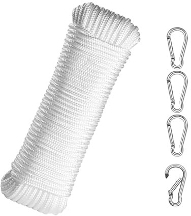 Jrhncy 20m Fahnenmast Seil mit 4 Karabinerhaken,Fahnenmast Zubehör Seile,Weiße Nylon Fahnenseil Fahnenmast Seil Set für Garten Heimseil Zelt Outdoor Camping
