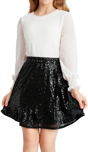 Kinder Mädchen Glitzer Paillettenrock Glänzend Jazz Latein Tanzkleid A-Linie Pailletten Komplett Gefüttert Rock 6-7 Jahre Schwarz
