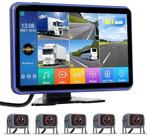 [5 Cameras] CAMECHO 10.1 inch IPS Reversing Camera Kit Monitor with BSD & IP68 Waterproof Reverse Camera support Split View/Loop Recording for Caravan/Bus/Trailer/Truck/Van