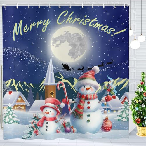 ASDCXZ Weihnachten Duschvorhang 180x200 cm, Winter Schneenacht Niedlich Schneemann Weihnachtlich Blau Waschbar Bad Duschvorhänge Polyester Textil Wasserdicht Duschvorhang für Badewanne mit 12 Haken