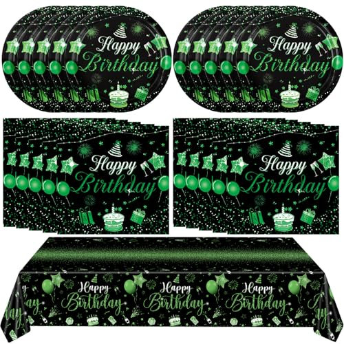 41PCS Green and Black Birthday Decorations - 7 Inches Disposable Paper Plates 6.5 Inches Napkins and 108 x 54 Inches Plastic Tablecloth Party Tableware Set for Men Women's Birthday Party