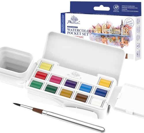 PHOENIX Twist Travel Watercolor Paint Set - Mini Watercolor Palette - 12 Colors Half Pan Portable Pocket Set with Brush, Sponge, Bottle for Adults, Artists & Professionals
