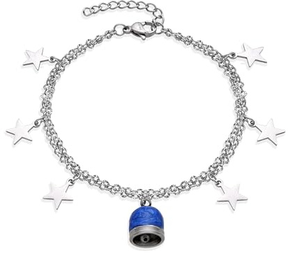 Dada Gioielli - Armband mit Glöckchen im Capri-Stil in Meeresblau und 6 Sternchen, silberfarbener Edelstahl, Kette 20 cm lang, verstellbar auf 17 cm, ideal für Frauen