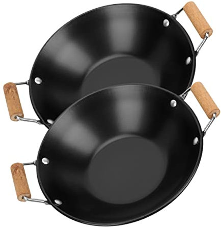 Amosfun Cooking Pot Set 2pcs Spill Pot Wooden Handle Paella Frying Pan Household Pan Safe Cooking