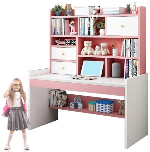 HGTRH Escritorio con 2 Cajones de Almacenamiento Y Estante, Escritorio de Estudio Ajuste de Altura 65~75cm Tablero de Partículas Escritorio Compacto Mesa de Escritura Azul Rosa Pink 47.2''