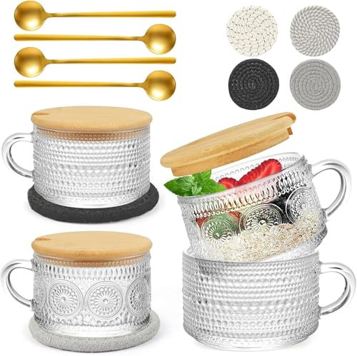 MEETOZ Vintage Glass Mugs with Coaster Bamboo lids and Spoons Coffee Tea Cups Vintage Coffee Mugs Gifts for Women Great for Coffee, Overnight Oats,Juice. Excellent Choice for Gift Giving Party 4-Pack