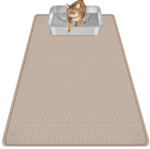 Bartuke Katzenklo Matte, Übergröße Katzenstreumatte 101 x 71cm Silikonmatte zur Streukontrolle, sanft zu Katzenpfoten, leicht zu reinigen (Khaki)