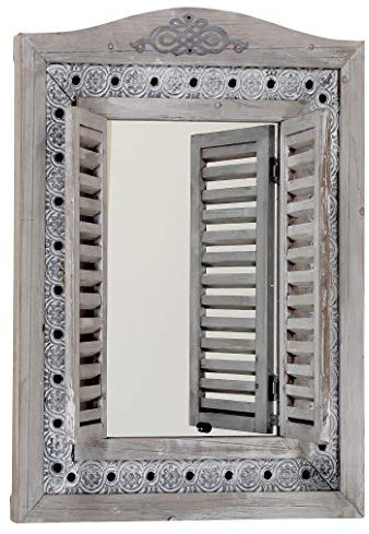 KXQYIKYI Rustikaler Bauernspiegel mit Fensterläden, Vintage-Grau, Metallrand im Used-Look mit geflochtenen Blumen, nachhaltiges Holz, Glas und Metall, H73 cm