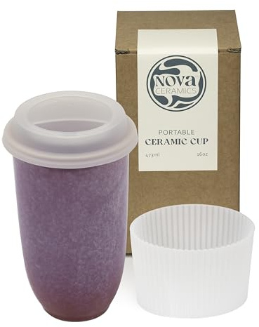 NOVA CERAMICS Coffee Travel Mug – Cup Holder Friendly Travel Mug– Microwave & Dishwasher Safe White & Purple Tumbler - Coffee Mug Fits in Cup Holder – 475ml – Astral Bloom