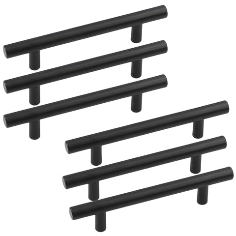 Black 96mm Kitchen Cupboard Handle, 6 Pcs Brushed Stainless Steel Hole Centre T Bar Kitchen Door Handles, Cabinet Handle for Cupboards, Drawers and Wardrobes
