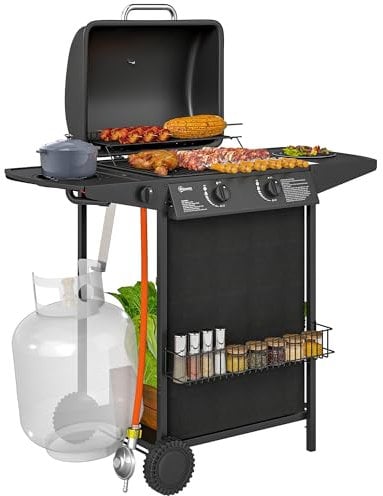 Outsunny Barbacoa de gas de 7 kW, carro de barbacoa con 3 quemadores, rollo reductor de presión, tapa de gas, manguera de gas, 2 zonas de calentamiento, termómetro, estantes laterales, barbacoa de