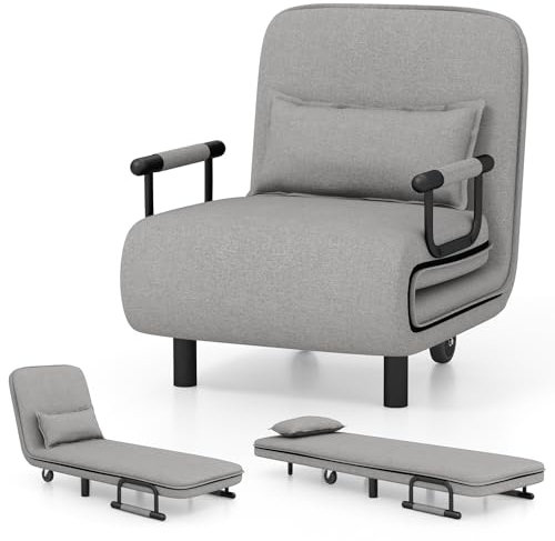 COSTWAY Single Folding Sofa Bed Chair Modern Fabric Sleep Function Holder W/Pillow & Wheel For Home Bedroom Living Room Office Indoor (Light Grey)