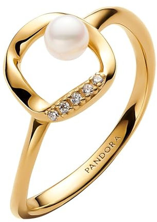 Pandora Organisch Geformter Pavé Kreis & Behandelte Süßwasserzuchtperle Ring aus 14 Karat Vegoldung, mit Cubic Zirkonia, aus der Essence Kollektion, Gr. 58, 163831C01-58