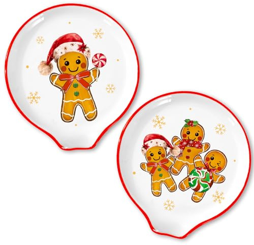 JarThenaAMCS 2Pcs 4.7inch Christmas Spoon Rest Cute Gingerbread Man Candy Snowflake Small Coffee Spoon Holder for Xmas Winter Bar Coffee Station Accessories