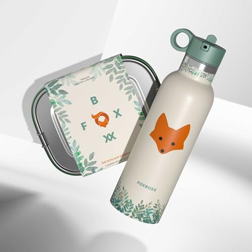 FOXBOXX SCHULE Kinder-Set – ÖKO Lunchbox Edelstahl + FOX Trinkflasche isoliert + Bürste – auslaufsicher, BPA-frei (foxy green 750ml, 1200ml)