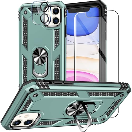 Jihucase for iPhone 11 Case with Screen Protector:[Military Grade Drop Tested] Ring Holder Kickstand Shockproof Anti-Slip Protective Phone Case for iPhone 11 6.1- Dark green