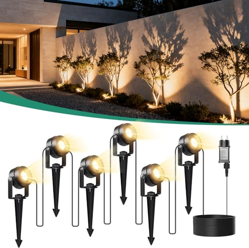 FIFlying Gartenbeleuchtung LED, 6 in 1 Gartenstrahler Strom mit 20m Kabel, 3000K Außenlampe, IP65 Wasserdicht Gartenlampen für Draußen, Gartenbrunnen, Rasenflächen, Pflanzen, Skulpturen, Wege, Zäune