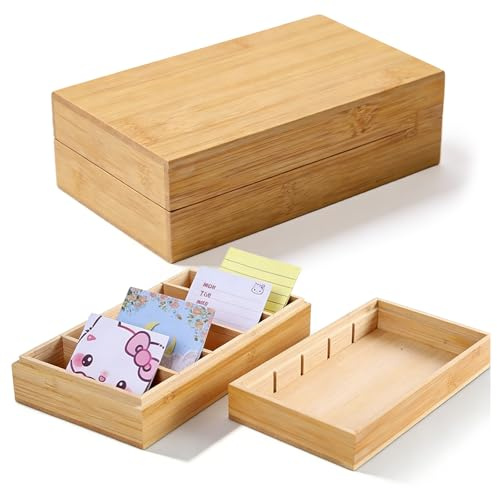 BAIFULAI Karteikasten Holz: 22.2 × 12.8 × 9.1 cm Klassische Lernkarteibox mit Deckel und 5 Fächern, Vokabelbox für Büro Schulen und Heim (Karteikarten Nicht im Enthalten, Holzfarbe)