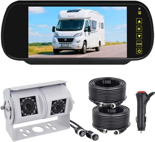 4PIN blanco lente dual RVs cámara inversa con 7 pulgadas monitor de espejo retrovisor, cámara de respaldo inversa impermeable de visión nocturna para caravana de camión de autocaravana 12V-24V