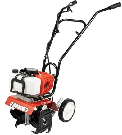 Garden Tiller Petrol 2-Stroke 52CC Tiller 1700W Lawn Ground Hoe Cultivator Motor Hoe Petrol Garden Hoe Cultivator Tiller 30 cm Working Width 3-12 cm Working Depth 4 Steel Blades