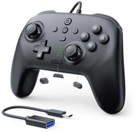 JDDWIN Wired Controller for Switch 2/Switch/OLED/Lite/PC, 9-Axis Motion Sensing,C Button,Hall Effect Joysticks Gamepad,Turbo/Marco/Programmable/Dual Vibration,3.5mm Audio Jack (Black)