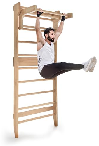 HOMASIS Sprossenwand für Erwachsene & Kinder, Indoor Kletterwand mit Abnehmbarer Klimmzugstange, Turnwand aus Massivholz, Turngeräte für Zuhause & Gym, Klettergerüst Fitnessgeräte 100 kg belastbar