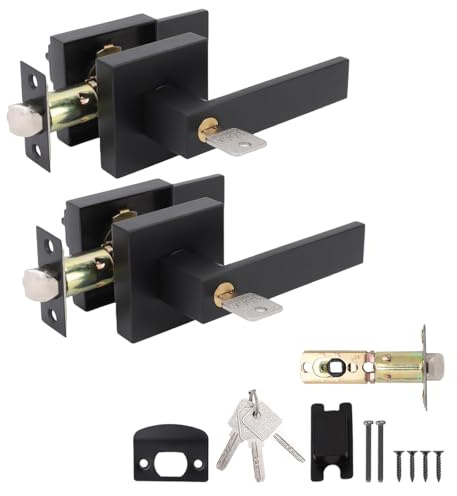 Riven Tirador de palanca de puerta de aleación de aluminio negro cuadrado con cerradura y 3 llaves para dormitorio, oficina, zurdos o diestros