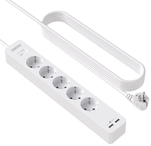 NTONPOWER 5 Fach Steckdosenleiste Wandmontage 3 Meter mit USB, Mehrfachsteckdose Überspannschutz Verwenden Sie Kleber, Langes Verlängerungskabel Kindersicherung, Weiß