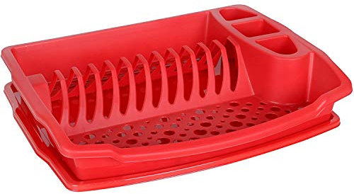 Plastic Cutlery Drainer Kitchen Sink Dish Rack Washing Up Holder Plate Cup Glass (Red)