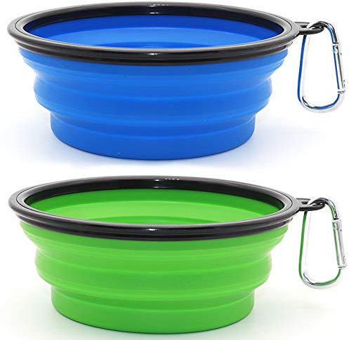 SLSON 2 Stück Hundenäpfe Faltbare Reiseschale,Auslaufsichere Hundenapf mit Bergsteigerkarabiner für Katzen,Hunde und Haustiere für Wasser und Futter (1000ml, Blau und Grün)