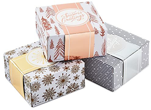 Hallmark 3er Set mit Wickelbändern für Weihnachten, Chanukka, Hochzeit, kleine Geschenkboxen, Papier, Metallic, Roségold, Silber, Bäume, Schneeflocken, 0005XBC1126