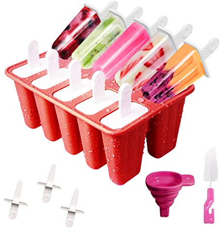 Eisformen, Eisformen Eis am Stiel, 10 Hohlräume + 13 Stiele, Silikon Eisformen für Stieleis, DIY Kreative Eisform mit Silikontrichter und Reinigungsbürste, BPA-frei (Rot)