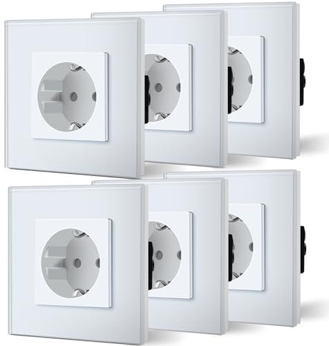 BSEED Schuko Steckdose 6er Pack, 16Amp AC Power Kristallglas Platte, 1 Fach Unterputzdose Steckdose, 86mm Single Schutzkontaktbuchse Wandsteckdose Wandsteckdose Weiß