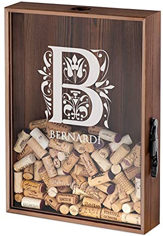 Maverton Raccogli tappi di sughero o birra - con stampa personalizzata - in legno - cavatappi per vino e birra con un coltellino - scatola porta tappi - idee regalo - iniziale