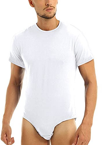 AIEOE Herren Bodysuit Kurzarm Body-Unterhemd mit Druckknöpfe im Schritt Männer Unterwäsche Overall Weiß Größe XL