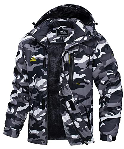 TACVASEN Giacca da Alpinismo da Ciclismo Impermeabile Antivento Calda Fodera in Pile con Cappuccio, Nero Mimetico, S
