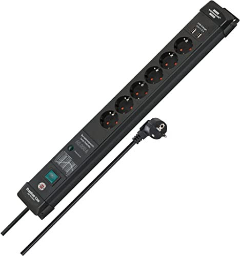 Brennenstuhl Premium-Line Steckdosenleiste 6-Fach mit Überspannungsschutz bis zu 60.000A (mit Schalter, 3m Kabel, 2-Fach USB 3,10A, Steckdosenleiste Wandmontage, Made in Germany) schwarz