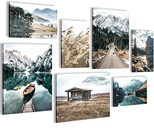 Novart Wandbilder See Berge Landschaft - KOMPLETT AUFHÄNGFERTIG - Natur Wohnzimmer Schlafzimmer - 7 Moderne Mood-Bilder - N007371a