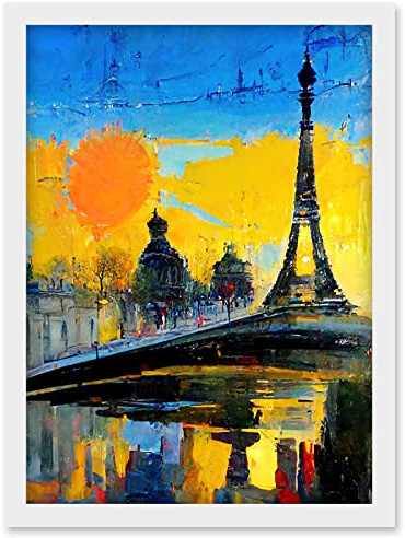 Modern Bright Abstract Paris At Sunrise Cityscape Eiffel Tower Artwork Framed Wall Art Print A4