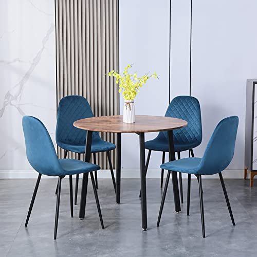 GOLDFAN Runder Esstisch mit 4 Stühlen Tisch Holz mit Metall Tischbeine Rund Esstisch und Samt Esstischstühle Geeignet für Esszimmer Wohnzimmer Büros,90cm