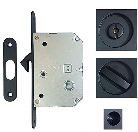 Set kit chiusura chiavistello per porta scorrevole, con rosette quadrate con chiusura e sblocco serratura intarsiata con gancio misura di rosette intarsiate 56 x 56 mm (nero)