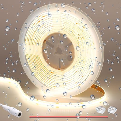 GOMING 12V COB Ruban LED Blanc Naturel 4000K étanche IP65 312LED/M 5M 11W/M Luminescence Uniforme CRI 93+ Haute Luminosité Flexible Découpable Bande LED pour Maison Décorer(Sans Alimentation)