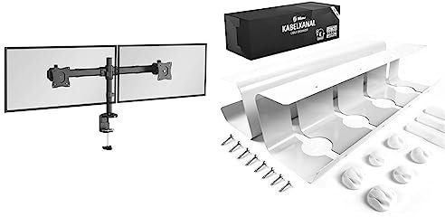 RICOO Monitor Halterung Tisch & Stilemo® Kabelkanal Schreibtisch - Kabelmanagement Schreibtisch für Ordnung am Arbeitsplatz - Kabelhalter Kabelwanne Tisch 2er Set - 43x12x10CM - Kabelkorb Weiß